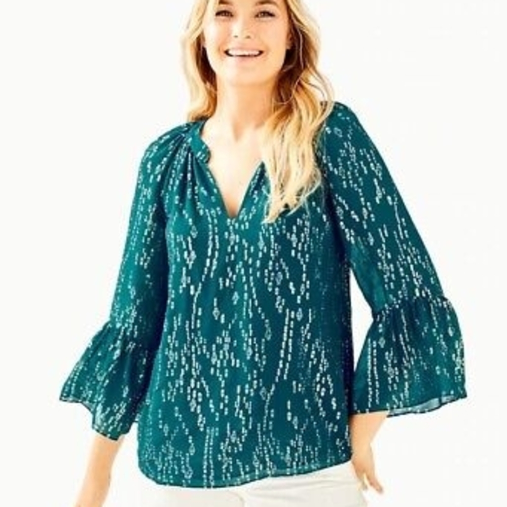 Lilly Pulitzer NWT Matilda Silk Top in Only Tidal Fish Chip Chiffon XL